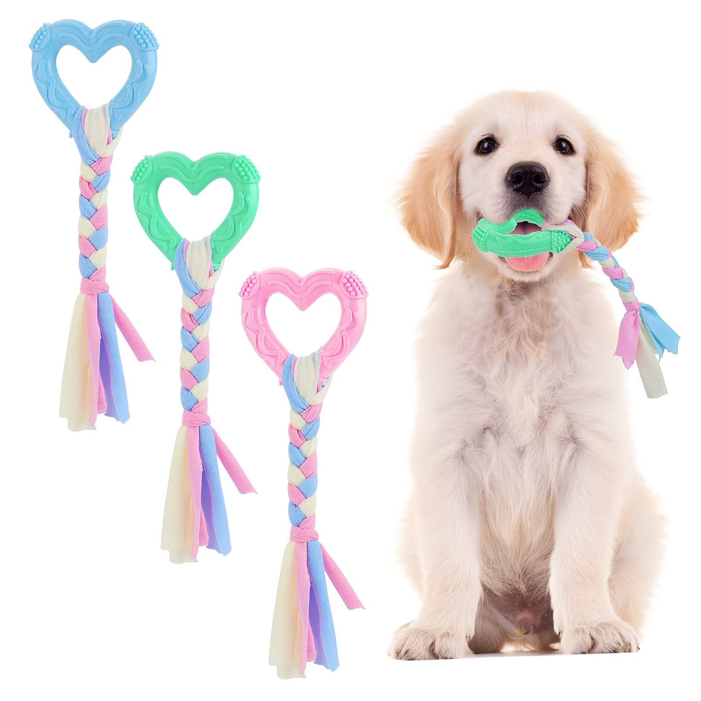 cobee Puppy Toys for Teething Small Dogs, 3 Pcs 360° Deep Clean Small Dog Heart Shaped Chew Ring with Cotton Ropes Interactive Pet Toys for Small Dogs, Oral Teeth Soothes Itching for 2-8 Months Dogs