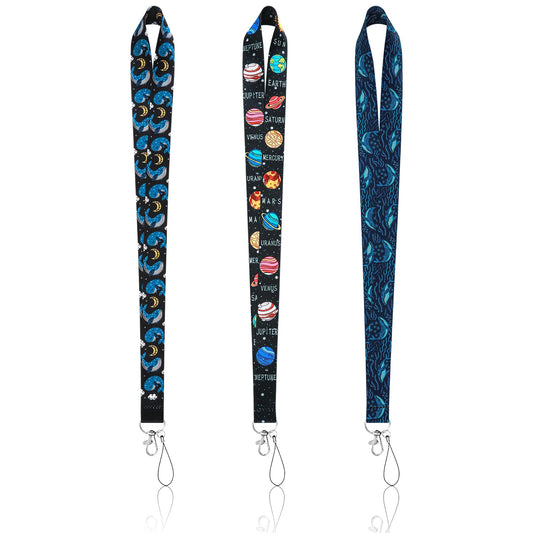 Amabro ID Badge Lanyards, 3pcs Planet Whale Print ID Card Holder Lanyard Cute Pattern Neck Lanyard Strap for Women Girls Nurse Doctor Teacher Office Keychains Car Keys Phone Cases Camera Wallet