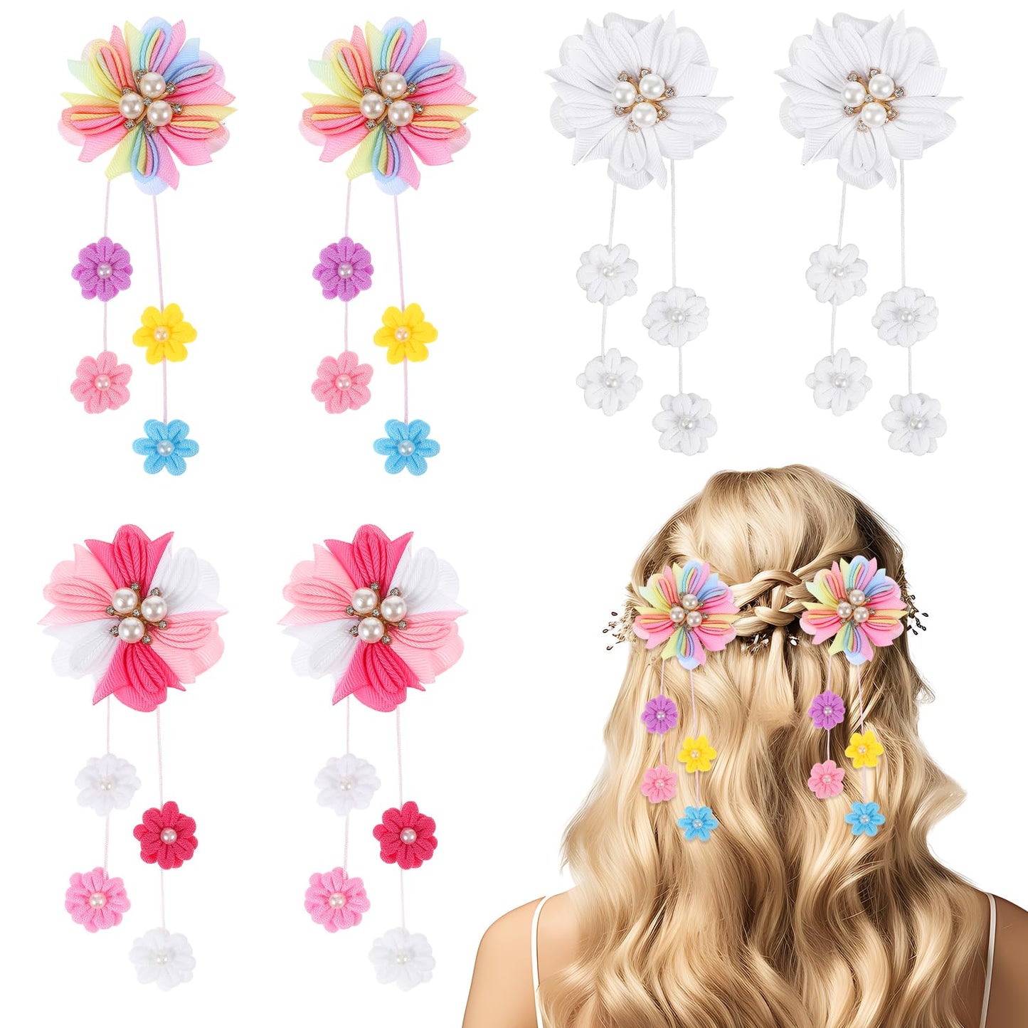 Yuanchu 6Pcs Flower Tassel Hair Clips, Small Flower Hair Clips Cute Floral Tassels Hair Bows Pearl Hair Hairpin Side Hair Clip Lovely Halloween Christmas Hair Accessories(White)