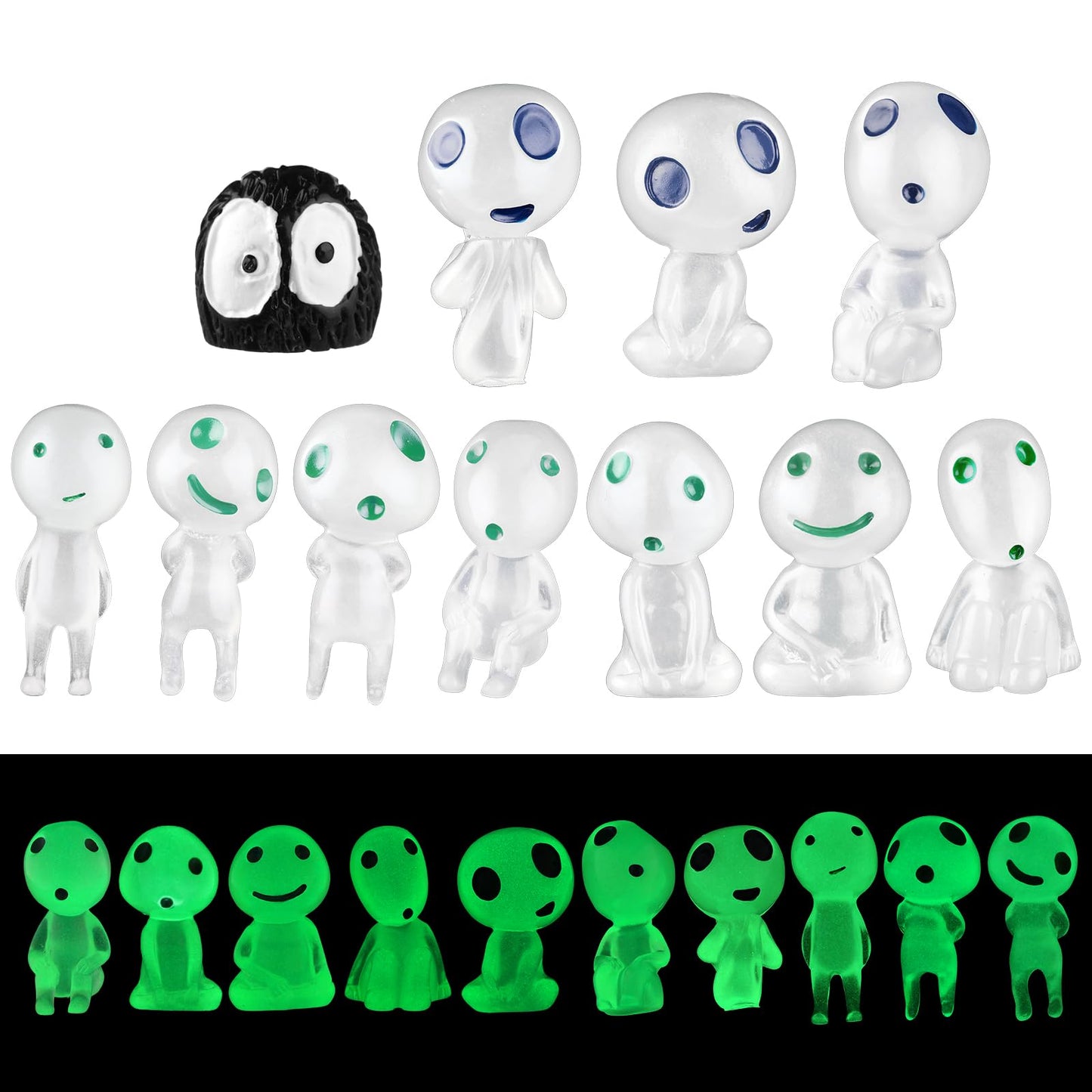 cobee Glow in Dark Tree Elves Figures Set, 10 Pcs Luminous Elf Figurines with 10 Pcs Black Ghost Ornament Micro Landscape Decoration Resin Fairy Garden Statues for Outdoor Patio Yard