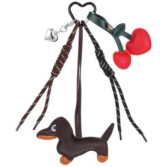 Giantree Leather Dachshund Keychain Kit, Cute Weiner Dog Heart Cherry Keychain Bag Charm Dachshund Purse Charms Gifts for Women Handbags Cars Hanging Ornament(Brown)