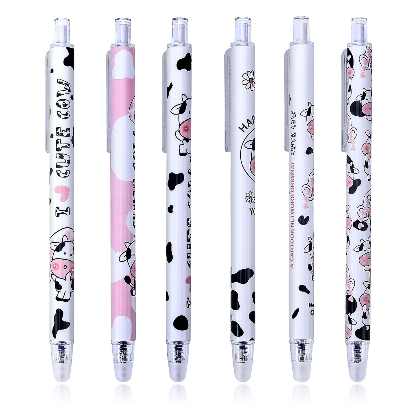 cobee Cute Milk Cow Erasable Gel Ink Pens with Eraser, 6 Pcs 0.5mm Retractable Rollerball Pens Blue Ink Gel Pen Kawai Fine Point Pen for School Office Home
