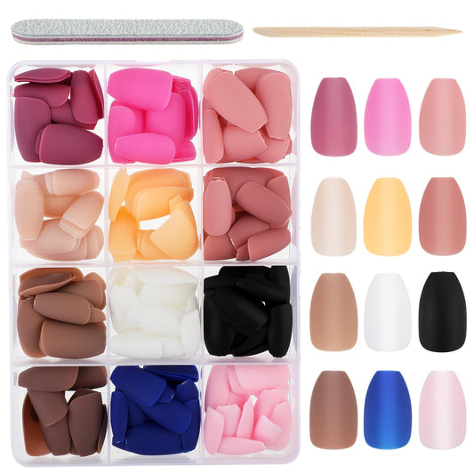Amaxiu 288Pcs Matte Press On Nails, 12 Colors Coffin Fake Nails Full Cover Short Nail Oval Shape False Nails Artificial Fingernails with 1 Nail File 1 Cuticle Stick for Women Girls(Matte)