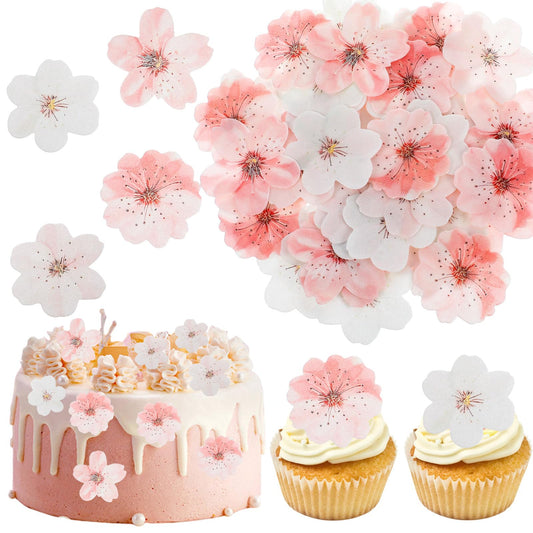 MBAIYO 50 Pcs Cherry Blossoms Cupcake Toppers Wafer Paper Flowers Cap Rice Paper Cake Blooms Wedding Themed Party Birthday Pastry Decoration