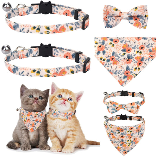 Molain 2 Pcs/Sets Cat Collars with Bells Removable Bow Tie Bandana 2 Pet Collars+1 Dog Bandana+1 Bow Kitten Collar Cat Bandana Dog Bowtie Adjustable Collar for Cats Dogs Puppy Pets Cat Accessories