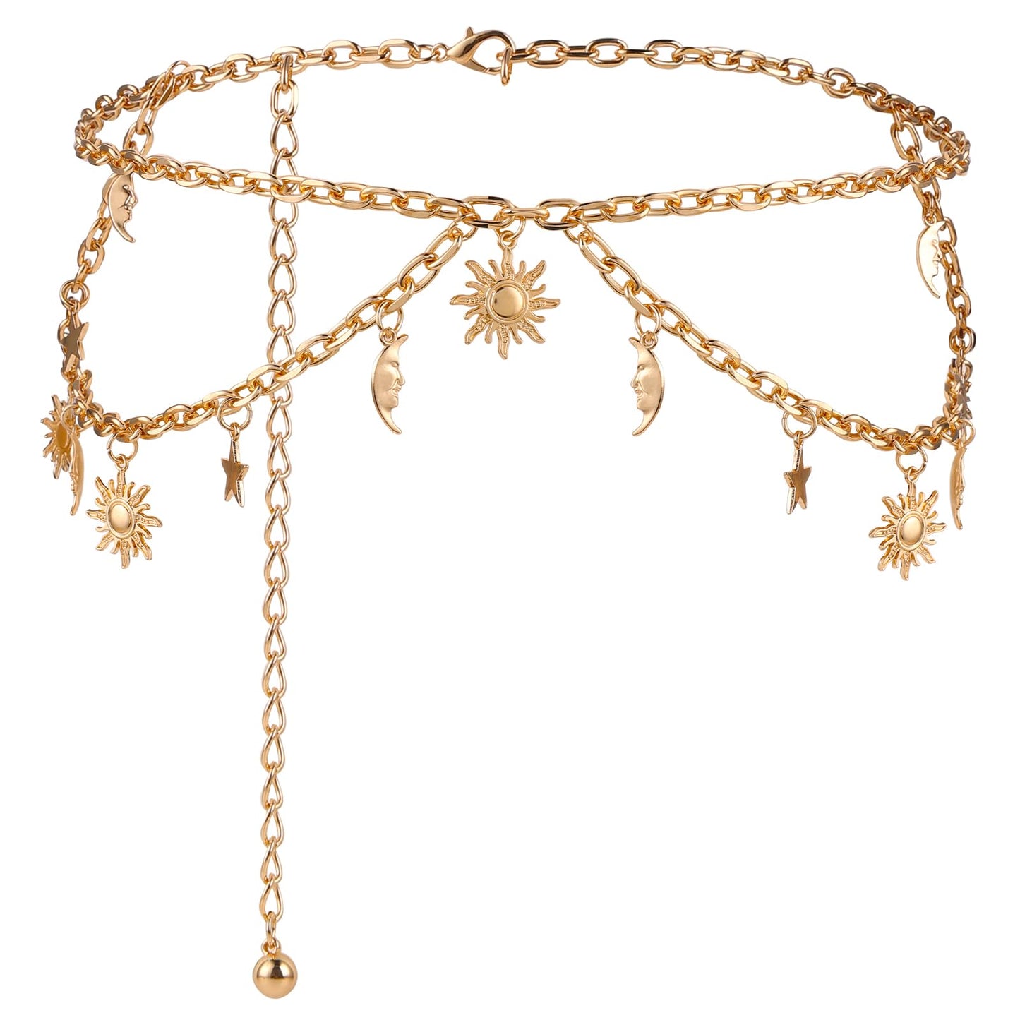 GEEHUA Double Layer Metal Chain Belt, Moon Star Waist Chain Fashion Link Belt Skinny Dress Waist Chain Belt For Women(Gold)