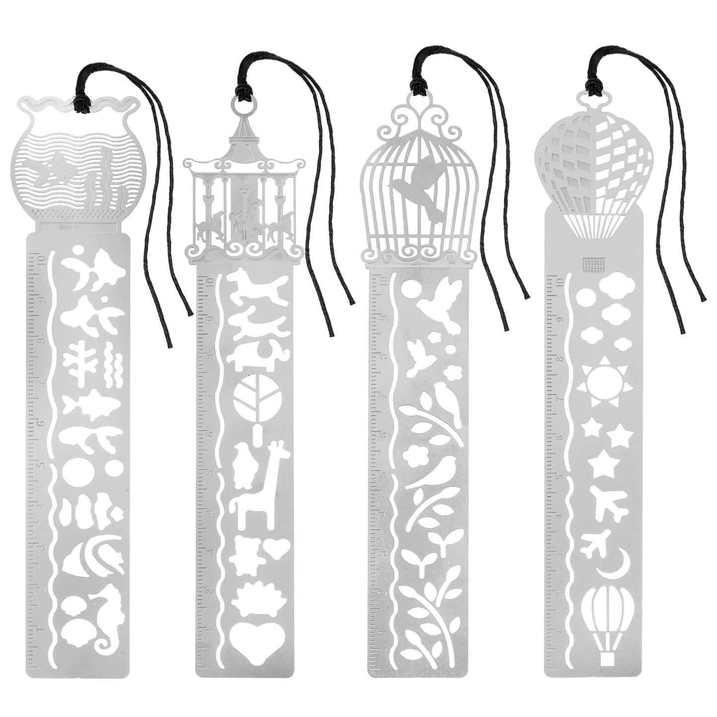 TIESOME 4 Pcs Hollow Metal Bookmark Ruler, Aesthetics Stainless Steel Book Mark Carousel Birdcage Hot Air Balloon Tub Bookmarks with Black Knot Art Page Markers for Book Lover Unique School Supplies
