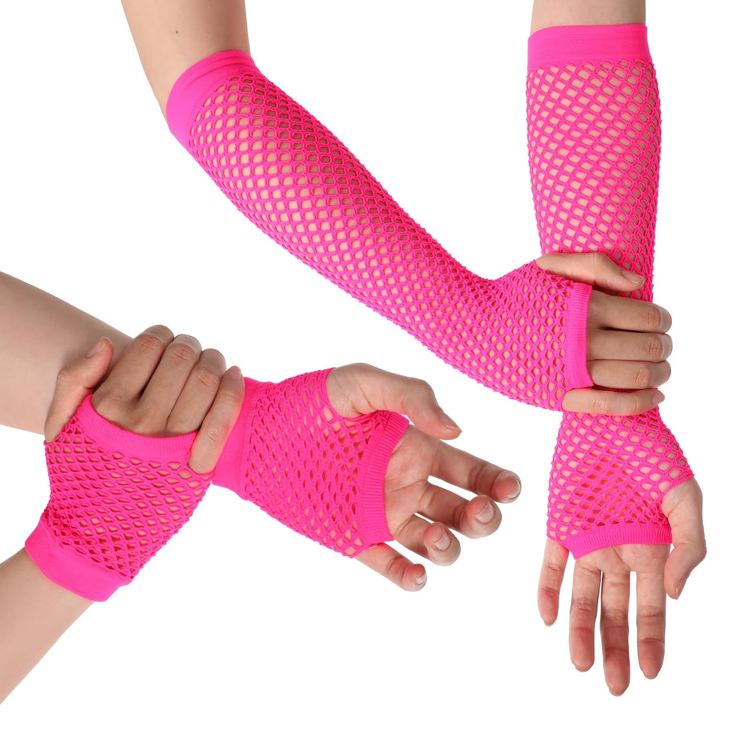 Giantree 2 Pairs Neon Rose Red Fishnet Gloves Fingerless For Women, 80s Fishnet Gloves Fishnet Arm Sleeves for Halloween Theme Party Costume Cosplay