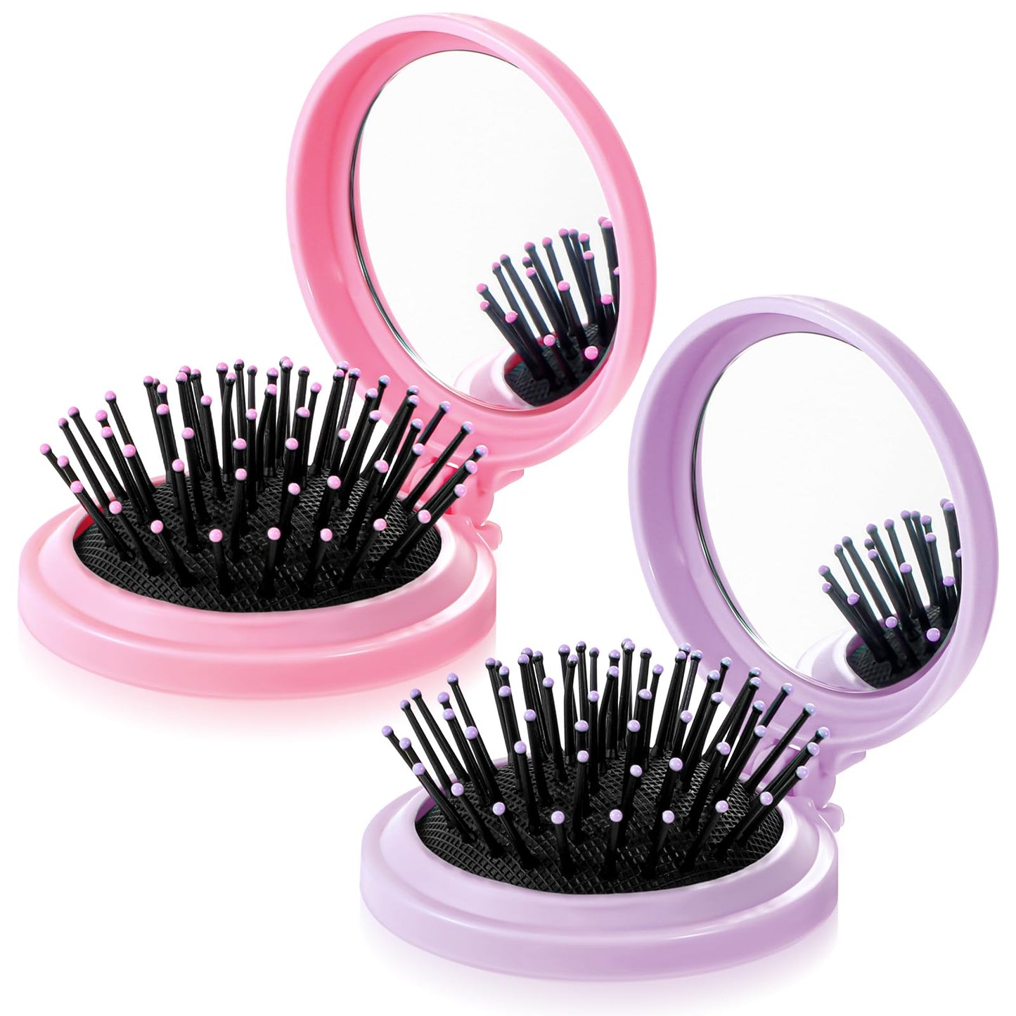 Molain Folding Brush with Mirror, Compact Brush with Mirror for Purse, Small Pocket Hair Brush with Soft Nylon Bristles, Mini HairBrush Portable Hair Brush with Mirror for Travel(Pink+Purple)
