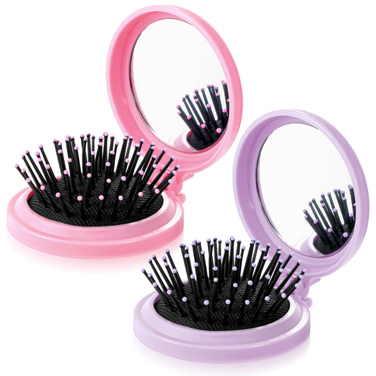 Molain Folding Brush with Mirror, Compact Brush with Mirror for Purse, Small Pocket Hair Brush with Soft Nylon Bristles, Mini HairBrush Portable Hair Brush with Mirror for Travel(Pink+Purple)
