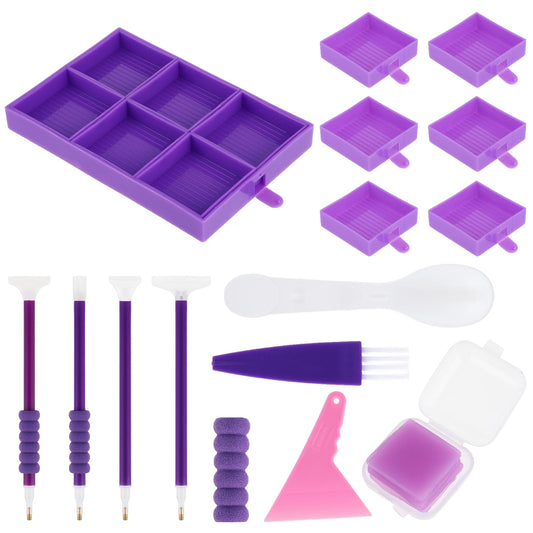 cobee 24pcs Diamond Art Painting Tool Accessory Tray Kits,6 Grids Rhinestone Tray Sorter Organizer with Diamond 5D Embroidery Art Pens, Glue Clays, Press Plate Correction for DIY Craft(Purple)