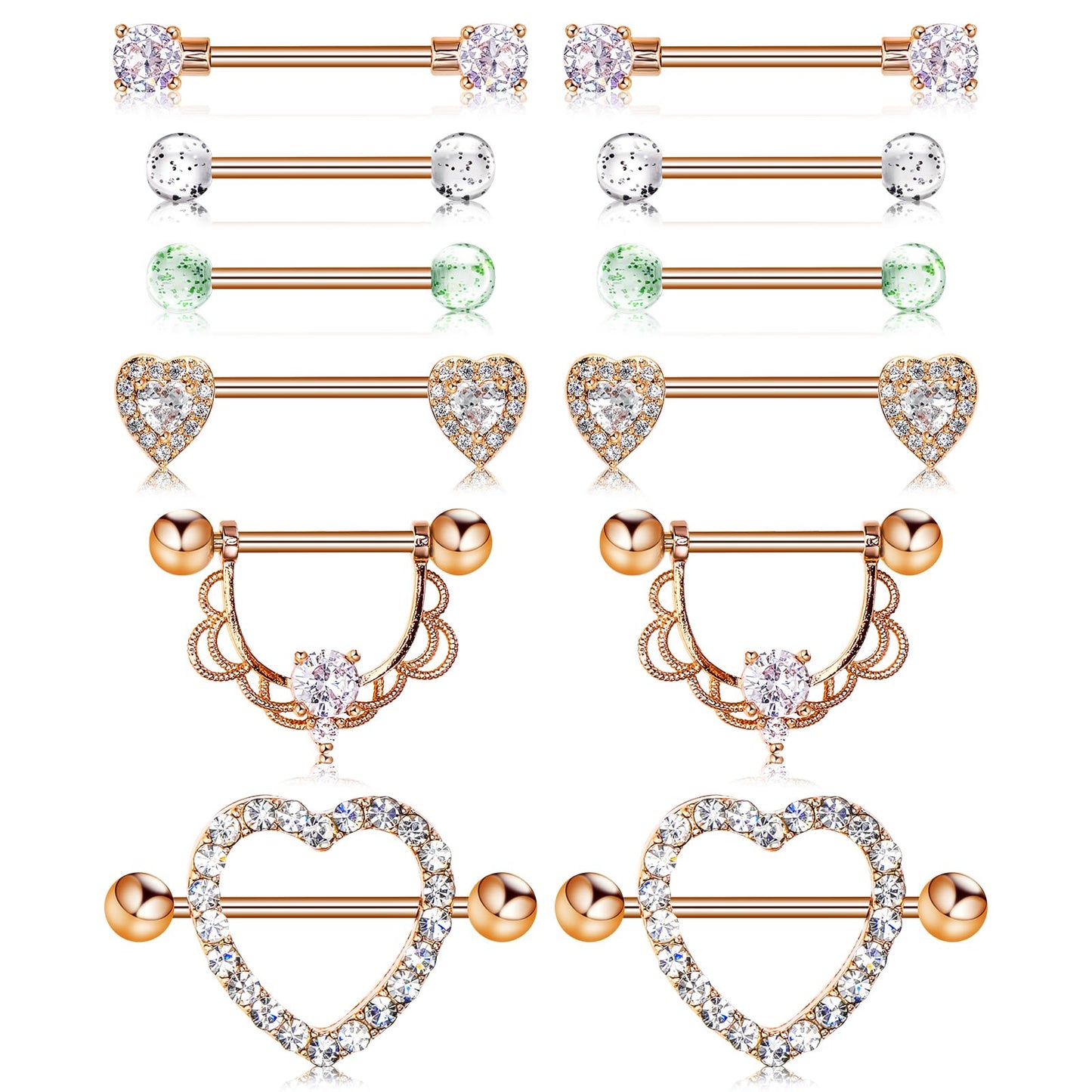 Bewudy 6 Pairs Nipple Rings Women Body Piercing Barbells, 14G Nipple Bars Surgical Stainless Steel, Zirconia Nipple Rings Body Piercing Jewelry for Women Silver