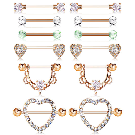 Bewudy 6 Pairs Nipple Rings Women Body Piercing Barbells, 14G Nipple Bars Surgical Stainless Steel, Zirconia Nipple Rings Body Piercing Jewelry for Women Silver