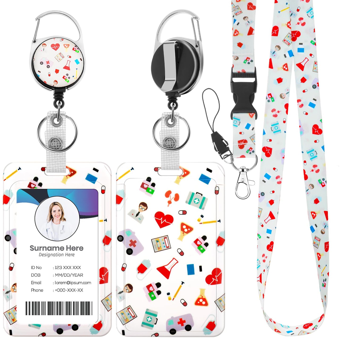 Amabro Nurse Print Badge Holder with Detachable Lanyard, Retractable Badge Reel Clip with Breakaway Lanyard Plastic ID Card Holder Vertical Card Protector Keychain Name Card ID Sleeve(Style A)