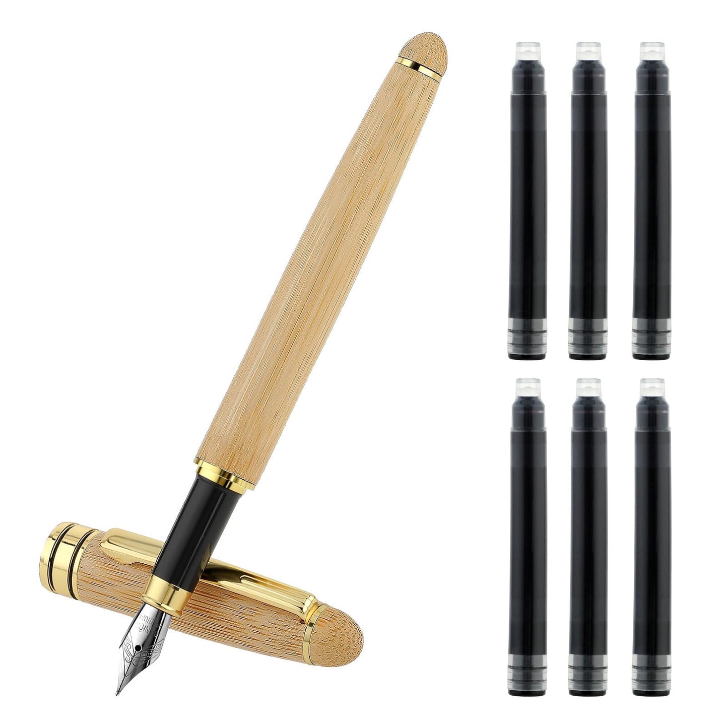 TIESOME Handcrafted Bamboo Fountain Pens, 0.5mm Natural Bamboo Wood Fountain Pen Fine Point Pens Vintage Luxury Pen Business Pen With 6 Black Ink 2.6mm Cartridges for Journaling Calligraphy