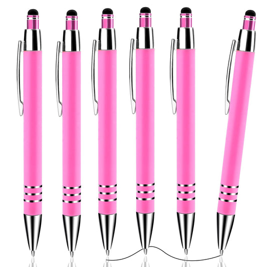Andibro2 in 1 Ballpoint Pen with Stylus Tip, 6 Pcs Retractable Ballpoint Pen 1.0mm Medium Point Pen Black Ink Writing Pen Multifunction Metal Stylus Pen for Touch Screens (Pink)