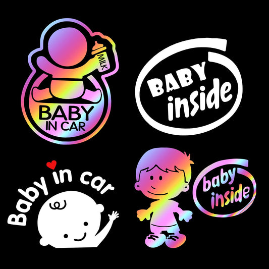 cobee Baby in Car Sticker Decal, 4 Packs of Baby Inside Sticker Sign, Removable Baby Kids Safety Car Signs, Cute Baby Window Car Sticker On Board Stickers(2 White Decals+2 Holographic Decals)