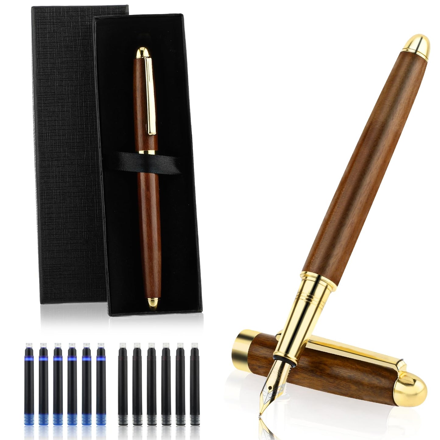 TIESOME Brass Wooden Fountain Pen Set, Vintage Luxury Wood Fountain Pen 0.5mm with 12 Pcs 2.6mm Ink Cartridges and Box Retro Fine Point Pens Calligraphy Pens Smooth Writing for Journaling Gift(A)
