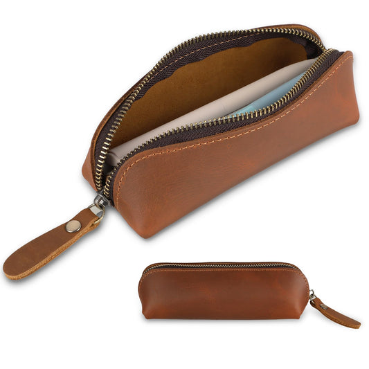 Andibro Genuine Leather Pencil Case, Leather Pencil Pouch Large Capacity, Big Pencil Pouch with Zipper Vintage Pen Bag Fountain Pen Holder for Men Women Businessmen Artists Home Office(Dark Brown)