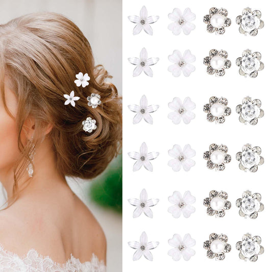 MBAIYO Pack of 24 Mini Hair Clips with White Flowers and Rhinestones, Cute Flower Hair Clips, Pearl Hair Pins, Small Decorative Hair Clip, Bridal Hair Accessories, Wedding Hair Accessories, Women
