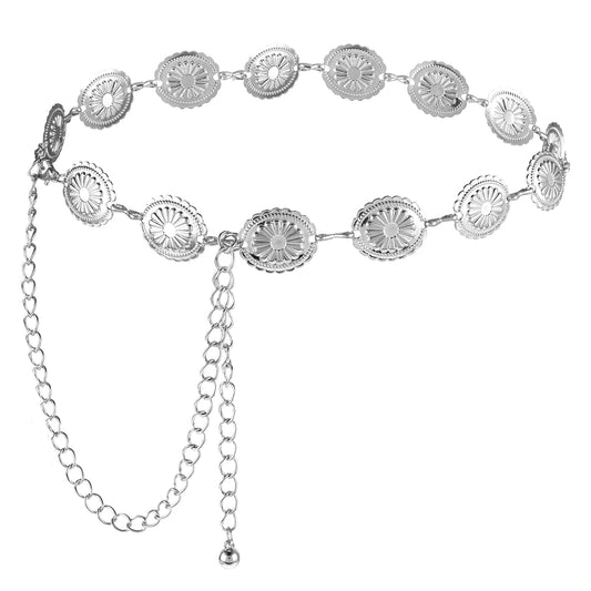 JIEYAO Western Metal Concho Belt, Cowgirl Chain Belts for Women Country Concert Dress Belts Hollow Out Daisy Boho Waist Chain(Silver)