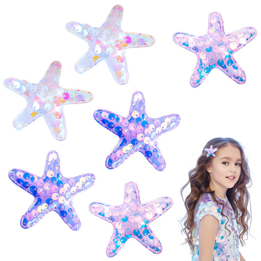 Amabro 6 Pcs Starfish Hair Clips, Glitter Sea Star Hair Barrettes Starfish Hair Accessories Sequins Snap Hair Clip Beach Sea Star Hairpins for Women Girls(Pink, Purple, White)