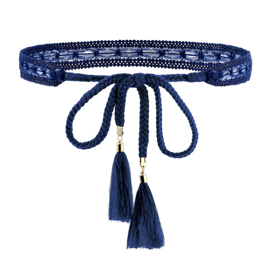 simarro Women Thin Belts with Tassel, Braided Lace Cotton Waist Rope Versatile Bowknot Waist Chain Dress Braided Belt for Dress Clothing Accessories(Nave Blue)