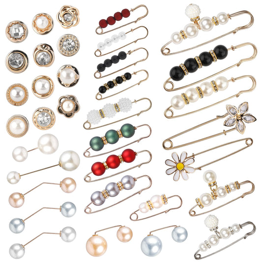 Amabro 35PCS Pearl Brooch Pins, Safety Pins for Women No Sewing Pant Waist Tightener Cover Up Buttons Sweater Shawl Hat Clip Neckline Pins Double Faux Pearl Brooches Waist Pants Extender