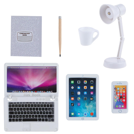 TIESOME 1:12 Dollhouse Mini Laptop Tablet Set, 7 Pcs Simulation Computer Phone Desk Lamp Miniatures Doll House Accessories Small Furniture Model for Dollhouse Decoration (White)