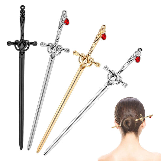 Andibro 4Pcs Ancient Style Sword Hair Sticks Chopsticks Chinese Style Hair Sticks with Gemstone Pendant for Bun Hair Long Hair Classic Vintage Flower Hair Sticks Women Gifts