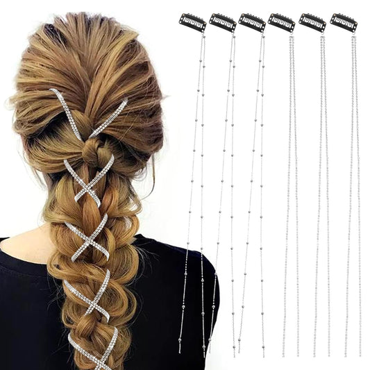 AOZUO 6PCS Rhinestone Hair Chains Clip, Bling Crystal Hair Extension Glitter Silver Tassel Hair Charms Hair Jewelry Accessories for Braids Women Girls Festival Rave