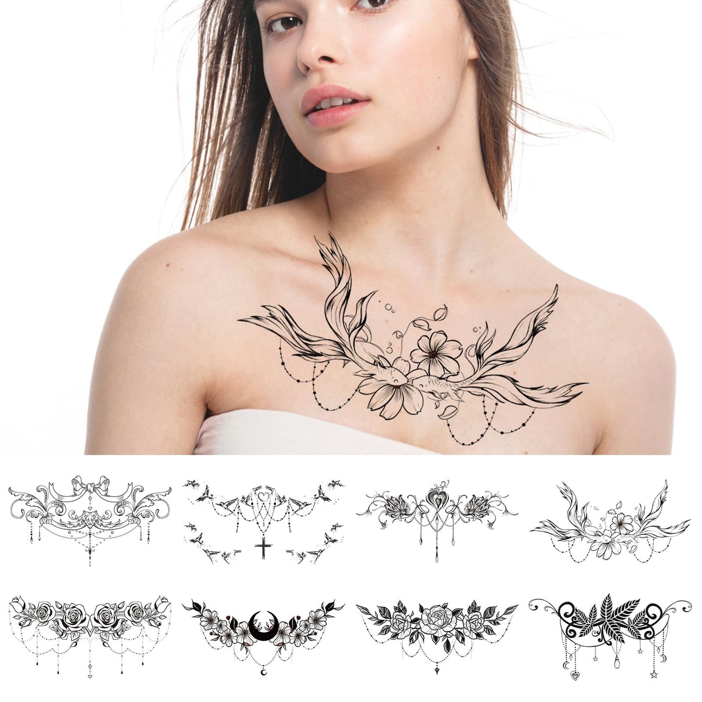 cobee Temporary Tattoos for Women, 8PCS Large Size Flower Tattoos Stickers Waterproof Fake Tattoos Removable Body Water Transfer Sticker for Women Girl Chest Waist Clavicle Tummy Arm Thigh (Black)