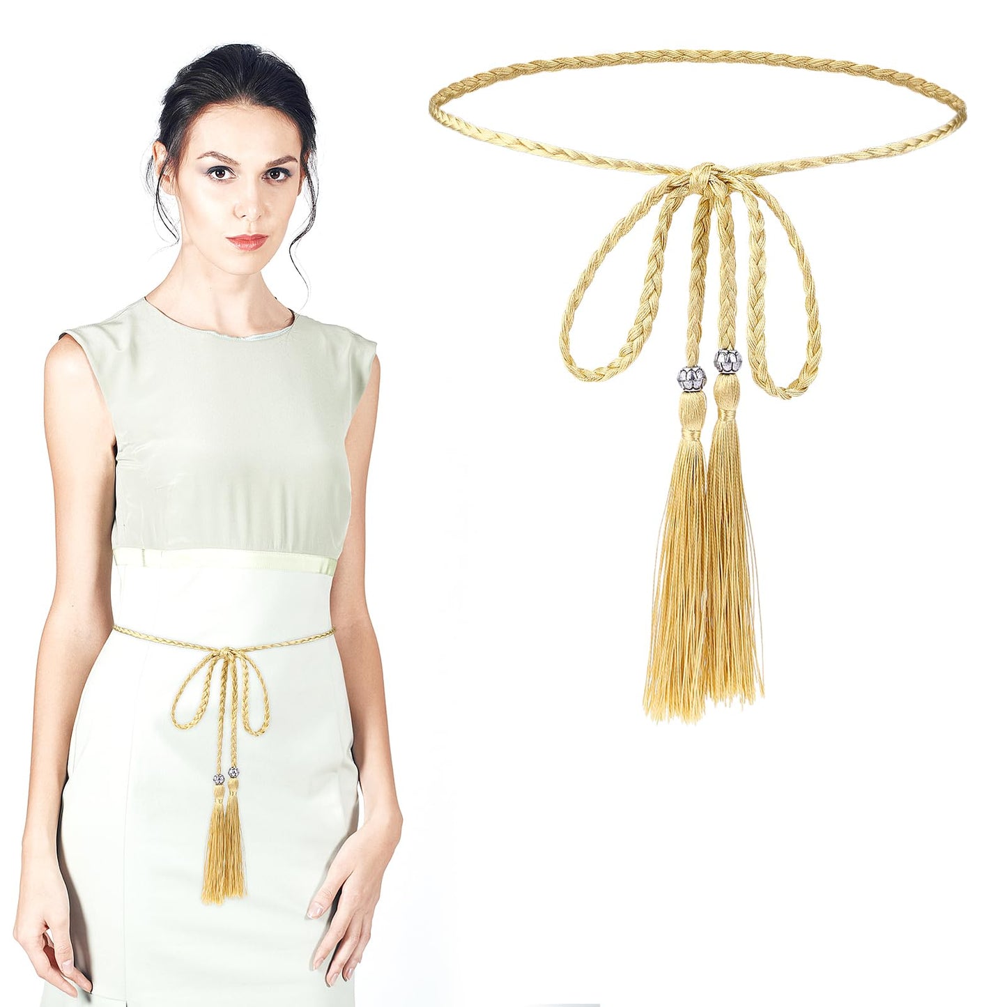 Giantree Tassel Braided Waist Belt for Women, Skinny Tassel Braided Bowknot Waist Rope Belt for Skirt Dress(Gold)