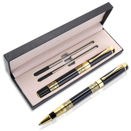 Amaxiu Luxury Metal Ballpoint Pen, 1.0mm Business Ball Point Pen with Gift Box and 2 Black Ink Refills Medium Point Ink Pen Rollerball Pen Fancy Writing Pen Gift for Men Women Signature(Black)