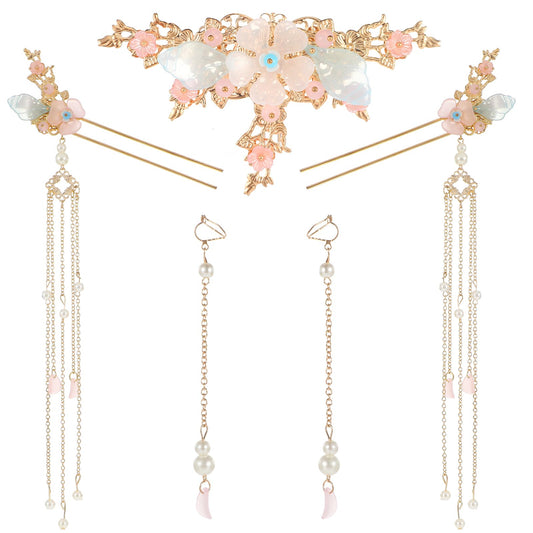 Amabro Chinese Hanfu Flower Hairpins Set, 5 PCS Floral Retro Chinese Tassel Headpiece Traditional Chinese Hanfu Brides Hair Accessories for Hairstyle Daily Wear Party Banquets Dating Weddings(Flower)