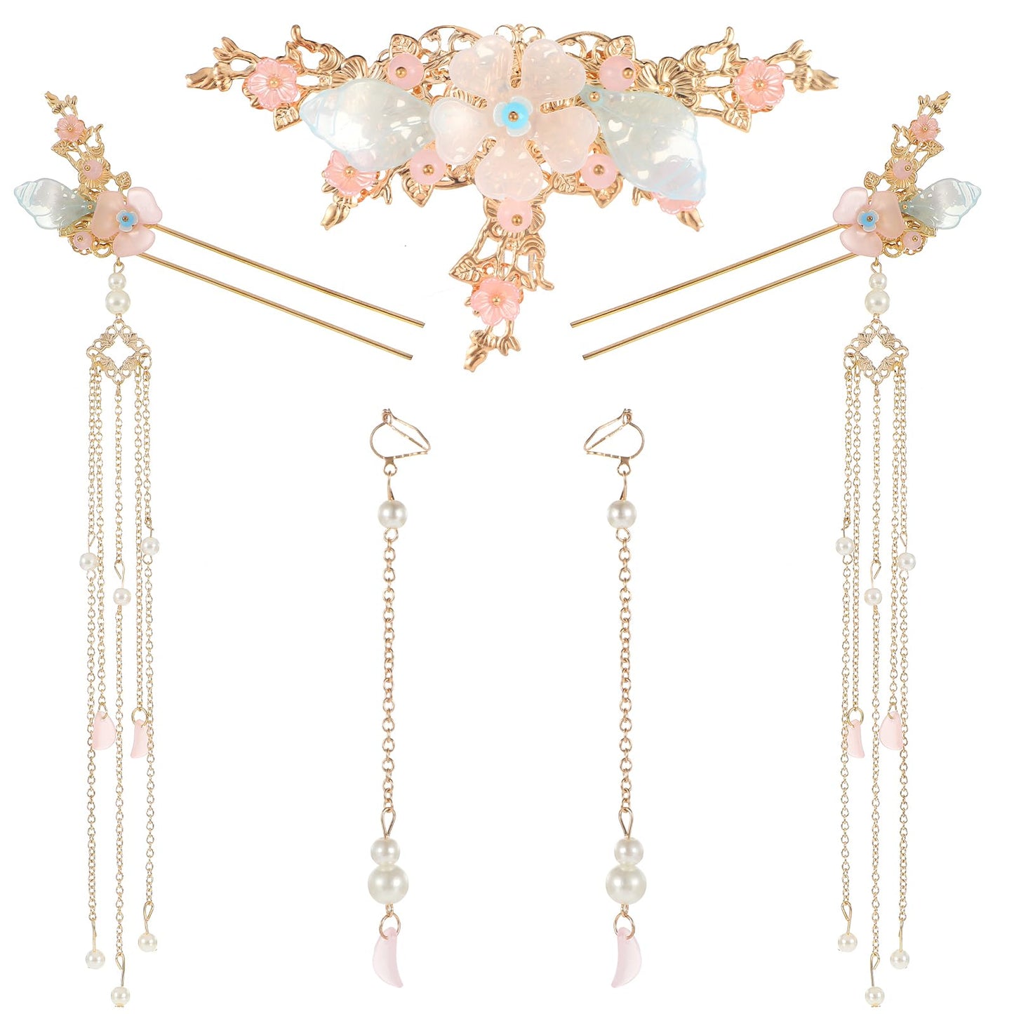 Amabro Chinese Hanfu Flower Hairpins Set, 5 PCS Floral Retro Chinese Tassel Headpiece Traditional Chinese Hanfu Brides Hair Accessories for Hairstyle Daily Wear Party Banquets Dating Weddings(Flower)