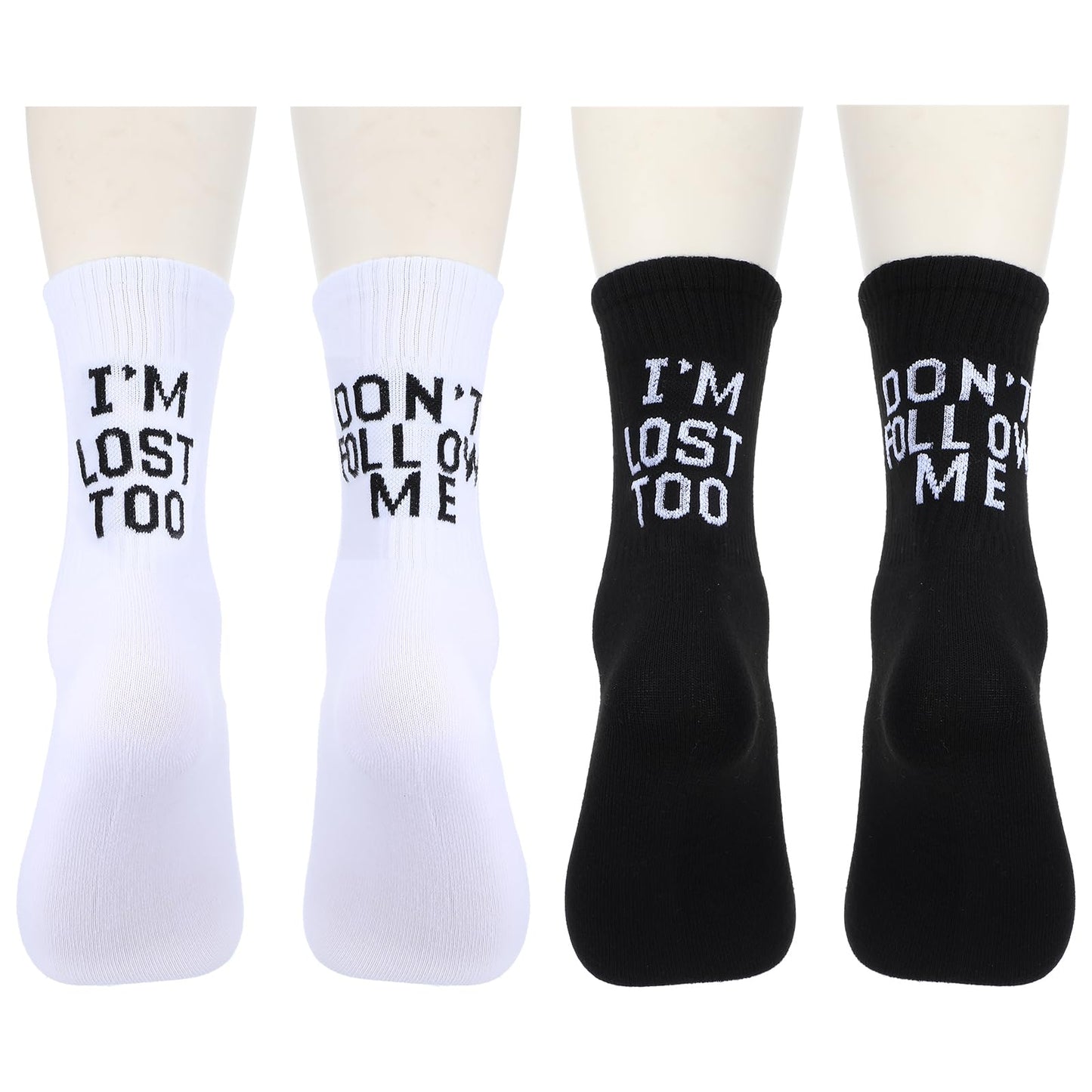 AOZUO 2 Pairs Funny Socks Happy Socks Tube Socks Original Cotton Socks with Funny Sayings "Don't Follow Me I'm Lost Too" Funny Letters Sports Socks Stocking Gifts, Black, white, 19-30
