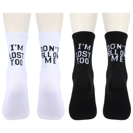 AOZUO 2 Pairs Funny Socks Happy Socks Tube Socks Original Cotton Socks with Funny Sayings "Don't Follow Me I'm Lost Too" Funny Letters Sports Socks Stocking Gifts, Black, white, 19-30