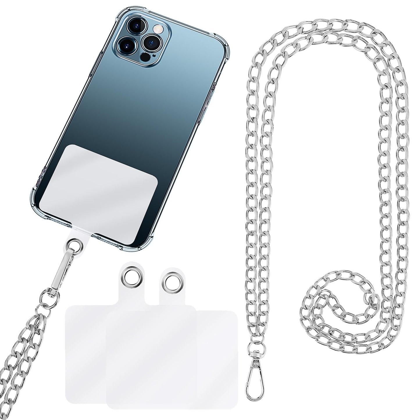 TIESOME Cell Phone Lanyard, Metal Phone Chain Holder Adjustable Crossbody Patch Phone Lanyards Tether Shoulder Phone Tether for Smartphones Key ID Card Wallet(Silver)