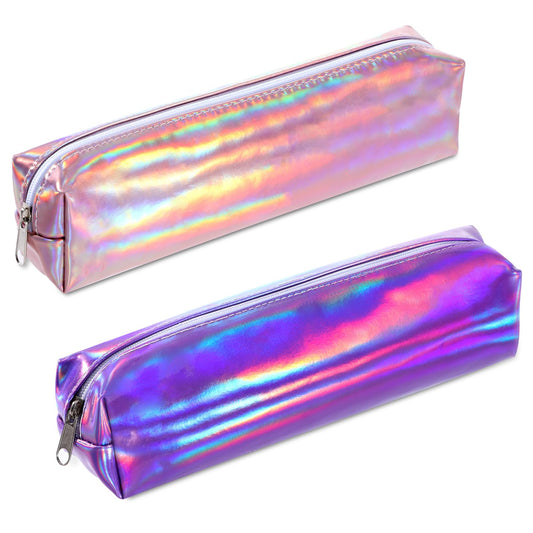 Amaxiu Holographic Pen Pencil Case, 2Pcs Colorful Pencil Pouch Small Stationary Bag Waterproof Pencil Organizer Aesthetic Makeup Bag Iridescent Bag Pencil Pouch for Women(Gold+Purple)