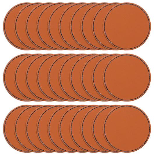 MBAIYO 30pcs Blank PU Leather Hat Patches, Adhesive Round Laserable Repair Patches for Hat Jackets Custom Leatherette Fabric Repair Sew Laser Supplies(Black line)
