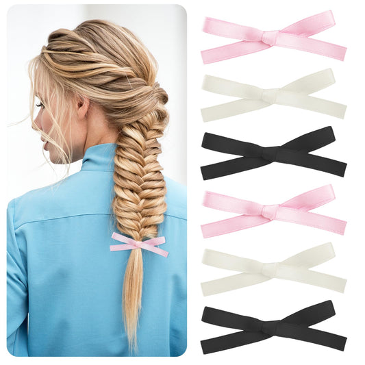 Bewudy 6 Pcs Bowknot Hair Bow Clips, Hair Bows for Women, Hair Ribbon Clips for Women Girls Toddlers, Hair Ribbon Clips for Girls Bow Claw Clip(3 Color 6Pcs)