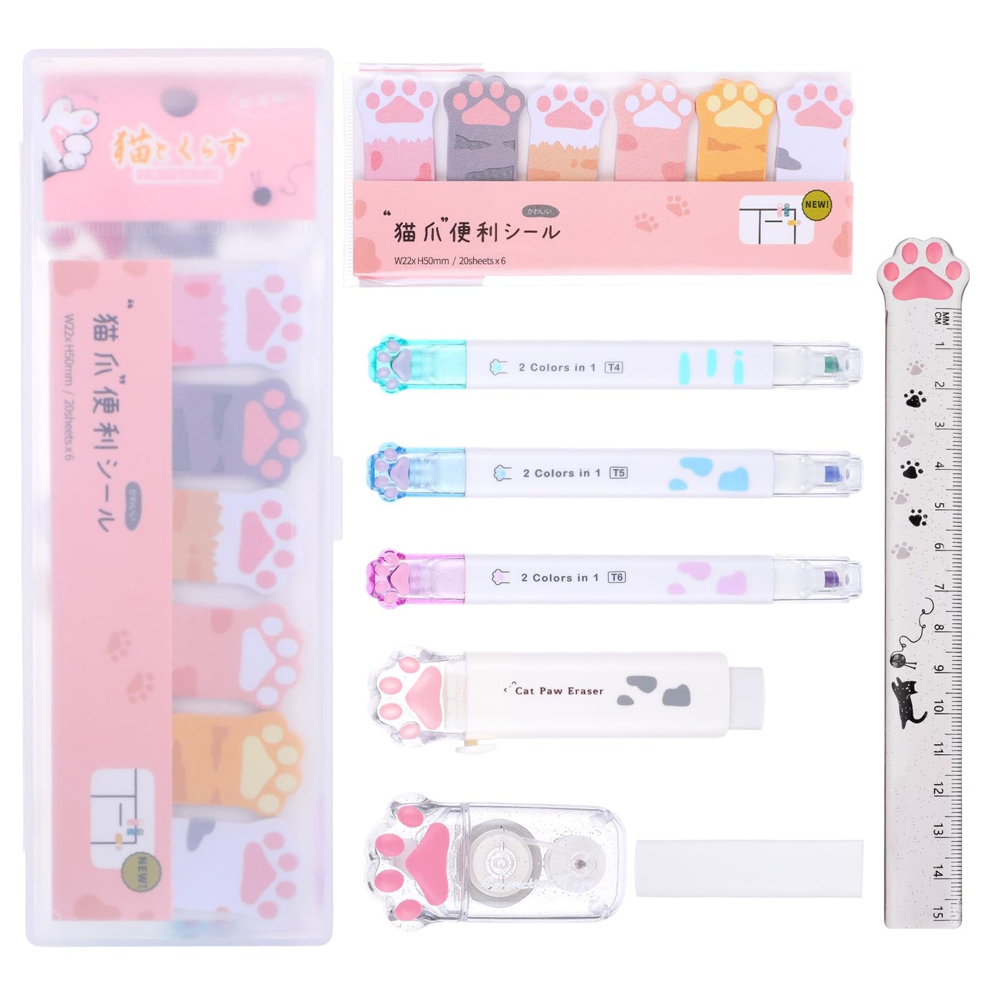 TIESOME 9Pcs Kawaii Cat Paw Stationery Kit,Cute Cartoon Set Double-ended Highlighter Retractable Eraser Correction Tape Sticky Notes Ruler Eraser Replacement Core School Supplies for Cat Lovers(White)