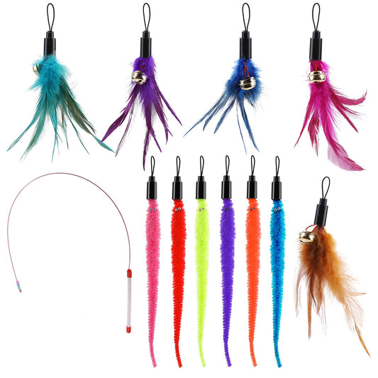 Molain 12Pcs/Set Cat Feather Toys, Replacement Cat Wand, 6 Worm Refills+5 Natural Feather Teaser Refills+1 Cat Teaser Wand, Interactive Teaser Toy for Indoor Cats Kittens