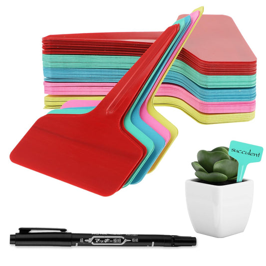 Amabro 80pcs Plant Labels, T-Type Plastic Plant Tags with Marker Pen for Outdoor Indoor Waterproof Garden Plant Name Labels for Potted Seed Flower Vegetable Herb, 10 x 6cm (Multicolor)