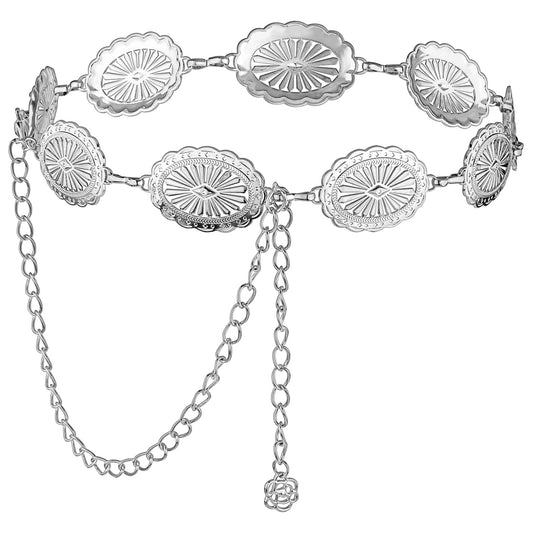 JIEYAO Western Concho Chain Belt, Adjustable Metal Waist Chain, Cowgirl Boho Belts for Women Country Concert Outfit for Dress(Silver)