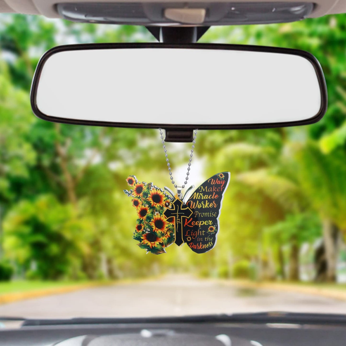TIESOME Car Rear View Mirror Accessories, God Faith Sunflower Butterfly Jesus Cross Christian God Lover Christmas Tree Ornament Decoration Hanging Charm Interior Rearview Pendant Decor Gift