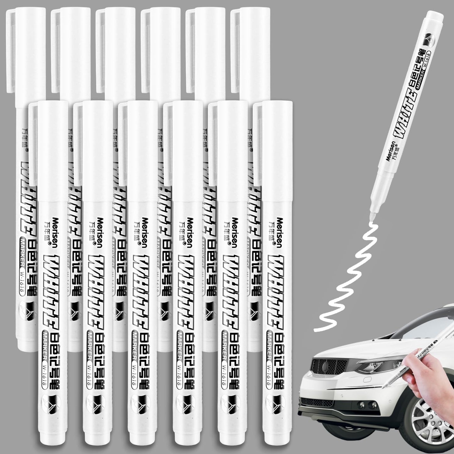 Jeffdad 12 Pcs White Marker Paint Pens, 1mm White Paint Marker Pens for Wood, Water-Based White Markers for Art Projects, Drawing, Rock Painting, Stone, Ceramic, Glass, Wood, Plastic, Metal