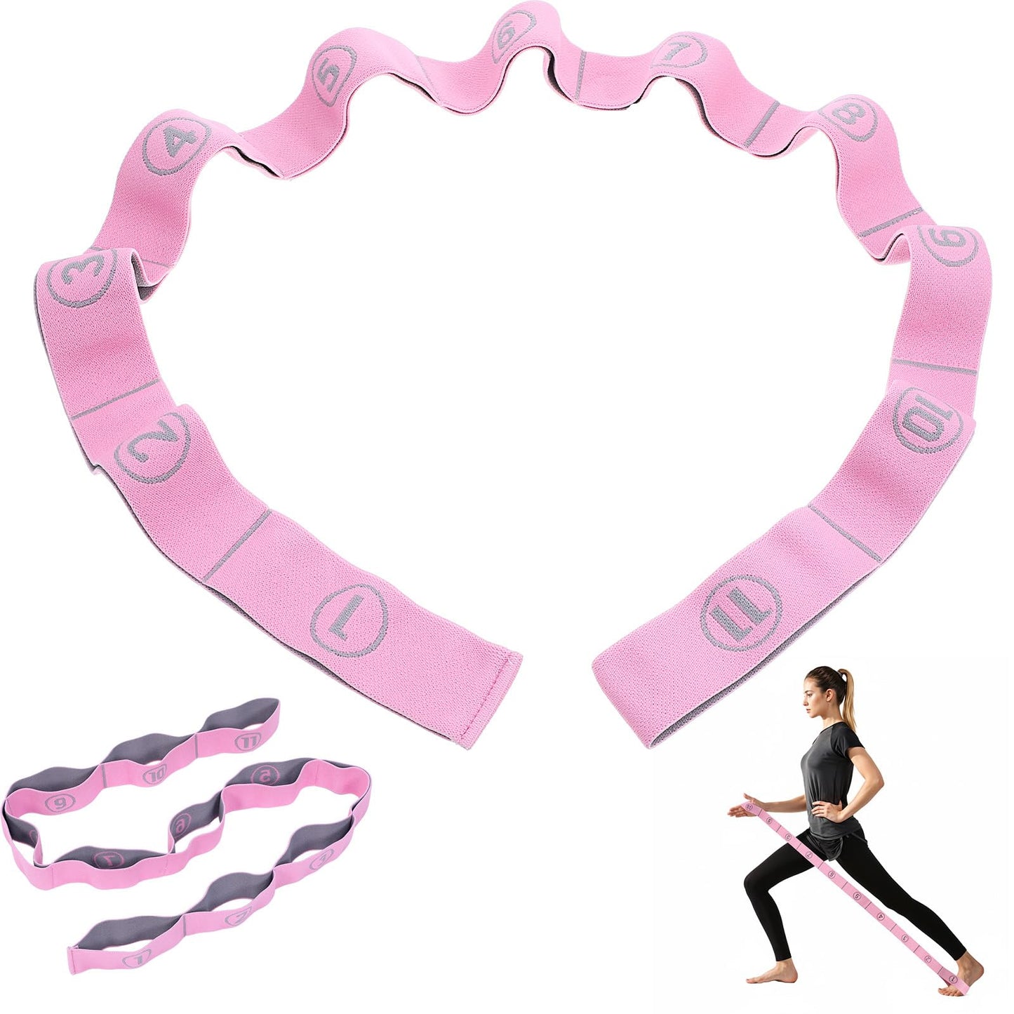 WJIAAA Yoga Strap with 11 Loops, Elastic Fitness Yoga Stretch Band, 135 cm Long and 4 cm Wide for Effective Stretching, Pilates, Gymnastics and Rehabilitation (Pink)