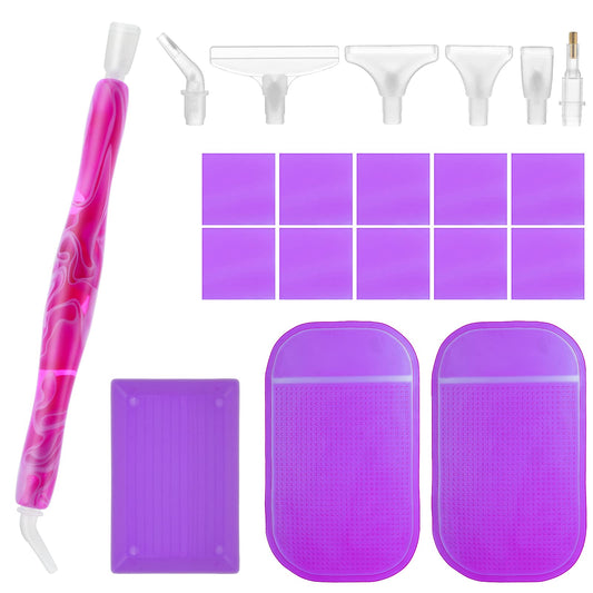 cobee 20 Pcs Diamond Painting Pen Kits, Resin Diamond Art Pens with 6 Pcs Replacement Pen Tips, Diamond Paint Glue Clays, Silicone Pads, Clay Tray Embroidery Accessory for DIY Painting Craft(Purple)